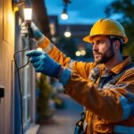 A photograph of a lighting contractor installing led shoebox lights in a commercial outdoor setting