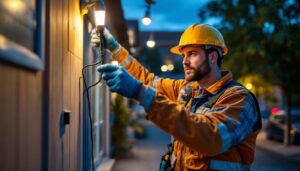 A photograph of a lighting contractor installing led shoebox lights in a commercial outdoor setting