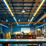A photograph of a modern industrial space showcasing sleek led linear high bay lights illuminating a workspace