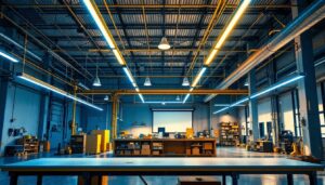 A photograph of a modern industrial space showcasing sleek led linear high bay lights illuminating a workspace