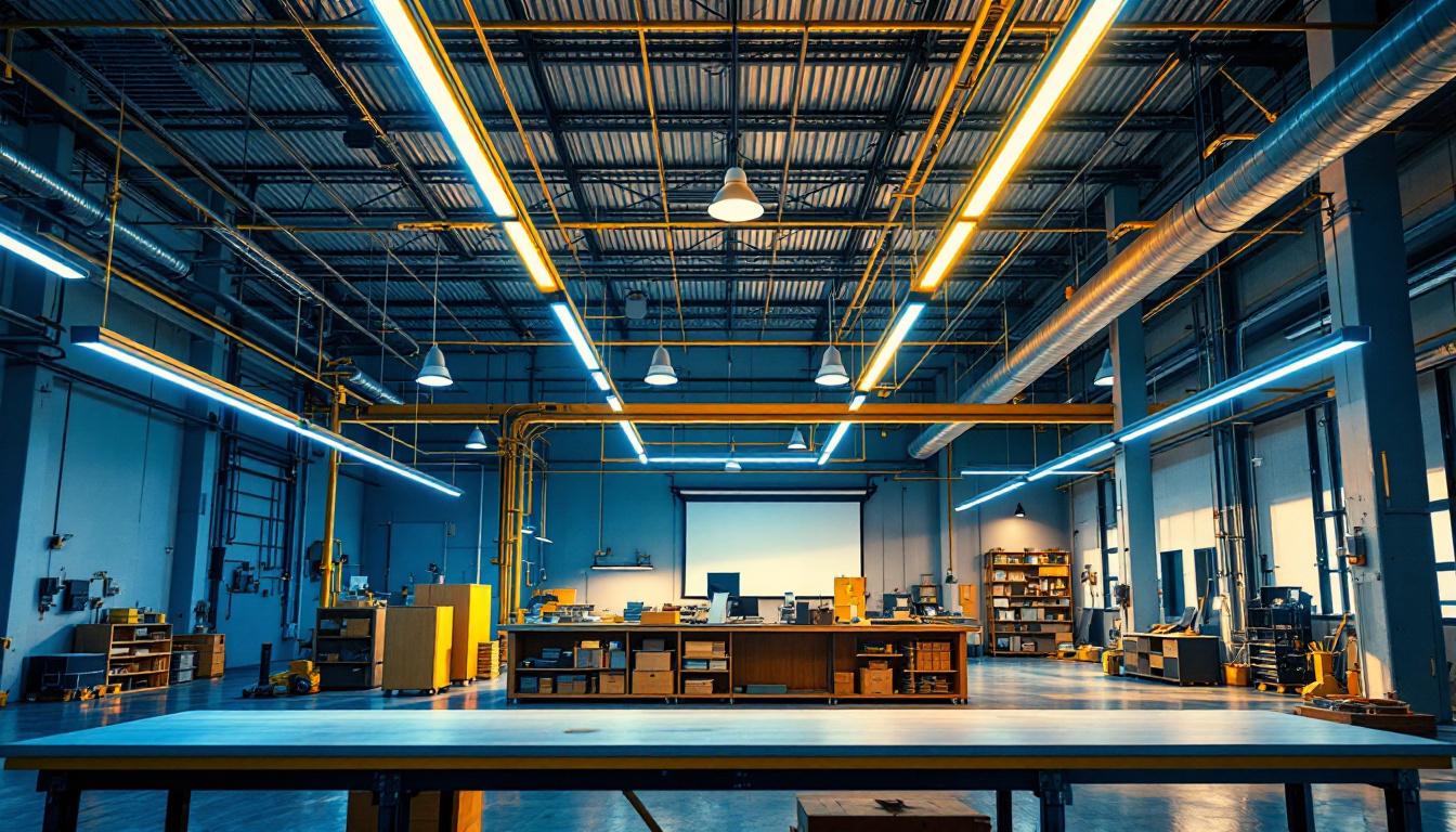 A photograph of a modern industrial space showcasing sleek led linear high bay lights illuminating a workspace
