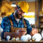 A photograph of a lighting contractor examining a variety of discount light bulbs in a well-lit workshop