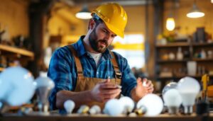A photograph of a lighting contractor examining a variety of discount light bulbs in a well-lit workshop