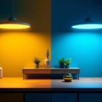 A photograph of a side-by-side comparison of flat led lighting fixtures and traditional lighting options in a well-lit interior setting