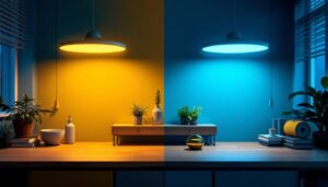 A photograph of a side-by-side comparison of flat led lighting fixtures and traditional lighting options in a well-lit interior setting