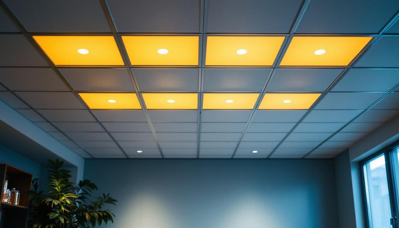 A photograph of a well-lit room featuring 2x4 drop ceiling lights in an aesthetically pleasing installation