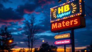A photograph of a well-lit commercial sign at dusk