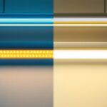 A photograph of a side-by-side comparison of a fluorescent light fixture and its led replacement