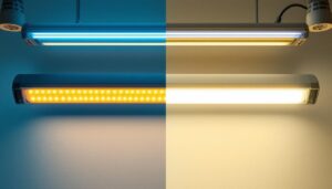 A photograph of a side-by-side comparison of a fluorescent light fixture and its led replacement