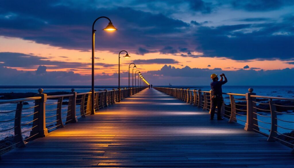 A photograph of a beautifully illuminated boardwalk at dusk
