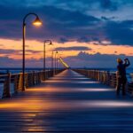 A photograph of a beautifully illuminated boardwalk at dusk