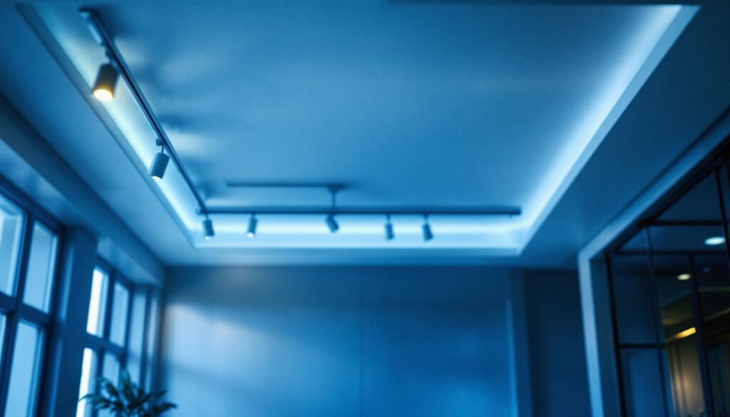 A photograph of a well-lit room featuring a drop ceiling with track lighting installed