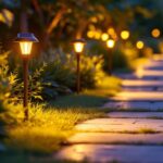 A photograph of a beautifully illuminated garden path at dusk