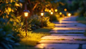 A photograph of a beautifully illuminated garden path at dusk