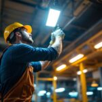 A photograph of a lighting contractor expertly installing 4' led lights in a commercial space
