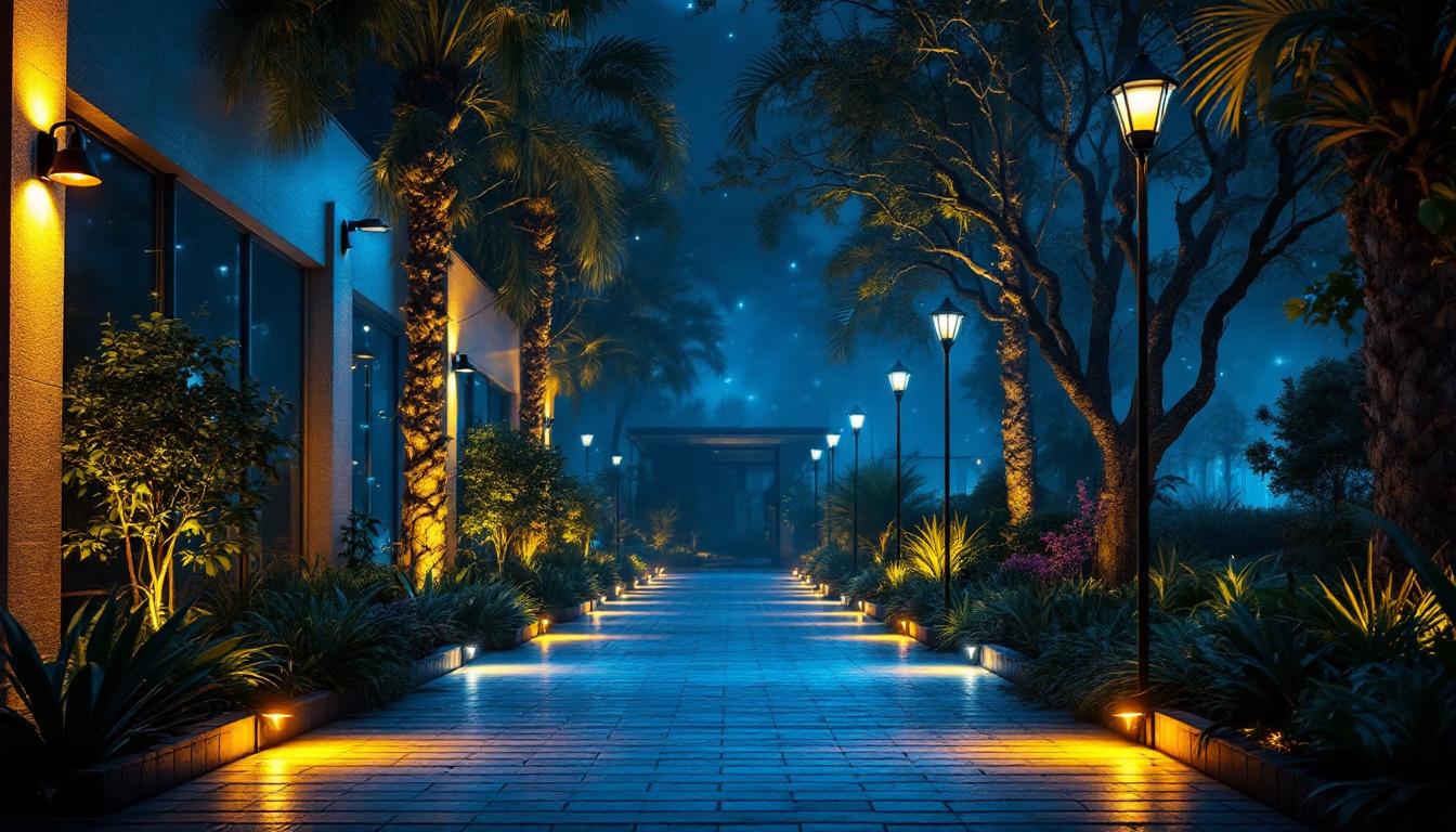 A photograph of a beautifully illuminated outdoor space featuring various commercial lighting fixtures