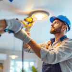 A photograph of a lighting contractor installing led bulbs in a recessed lighting fixture