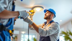 A photograph of a lighting contractor installing led bulbs in a recessed lighting fixture
