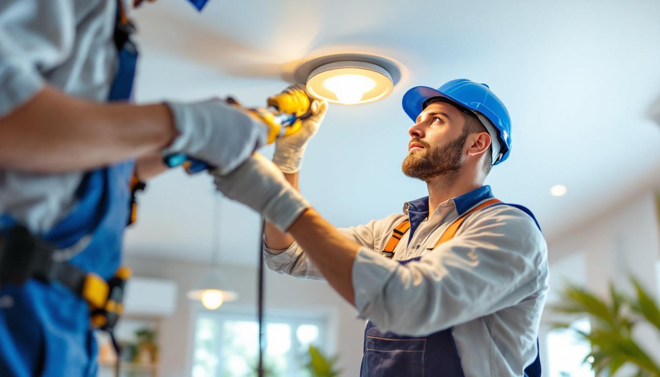 A photograph of a lighting contractor installing led bulbs in a recessed lighting fixture