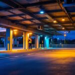 A photograph of a well-lit parking area at dusk