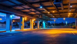 A photograph of a well-lit parking area at dusk