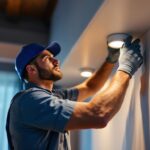 A photograph of a skilled lighting contractor installing recessed lighting in a modern home setting