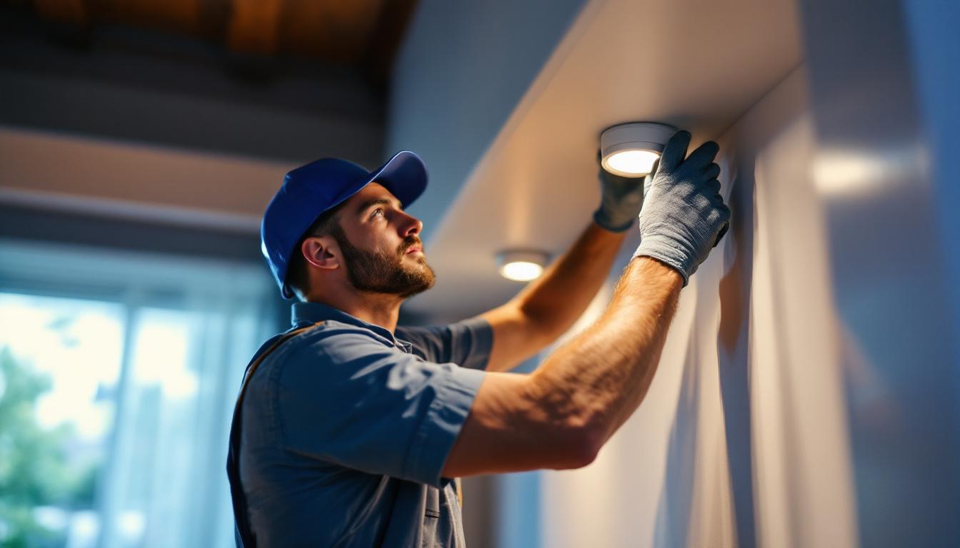 A photograph of a skilled lighting contractor installing recessed lighting in a modern home setting