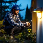 A photograph of a skilled lighting contractor installing motion sensor led lights in an outdoor residential setting