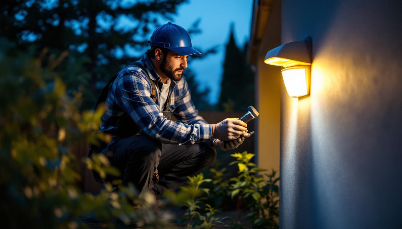 A photograph of a skilled lighting contractor installing motion sensor led lights in an outdoor residential setting