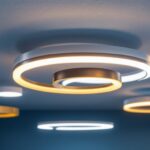 A photograph of a well-lit installation scene featuring various ceiling light trim rings in different styles and finishes