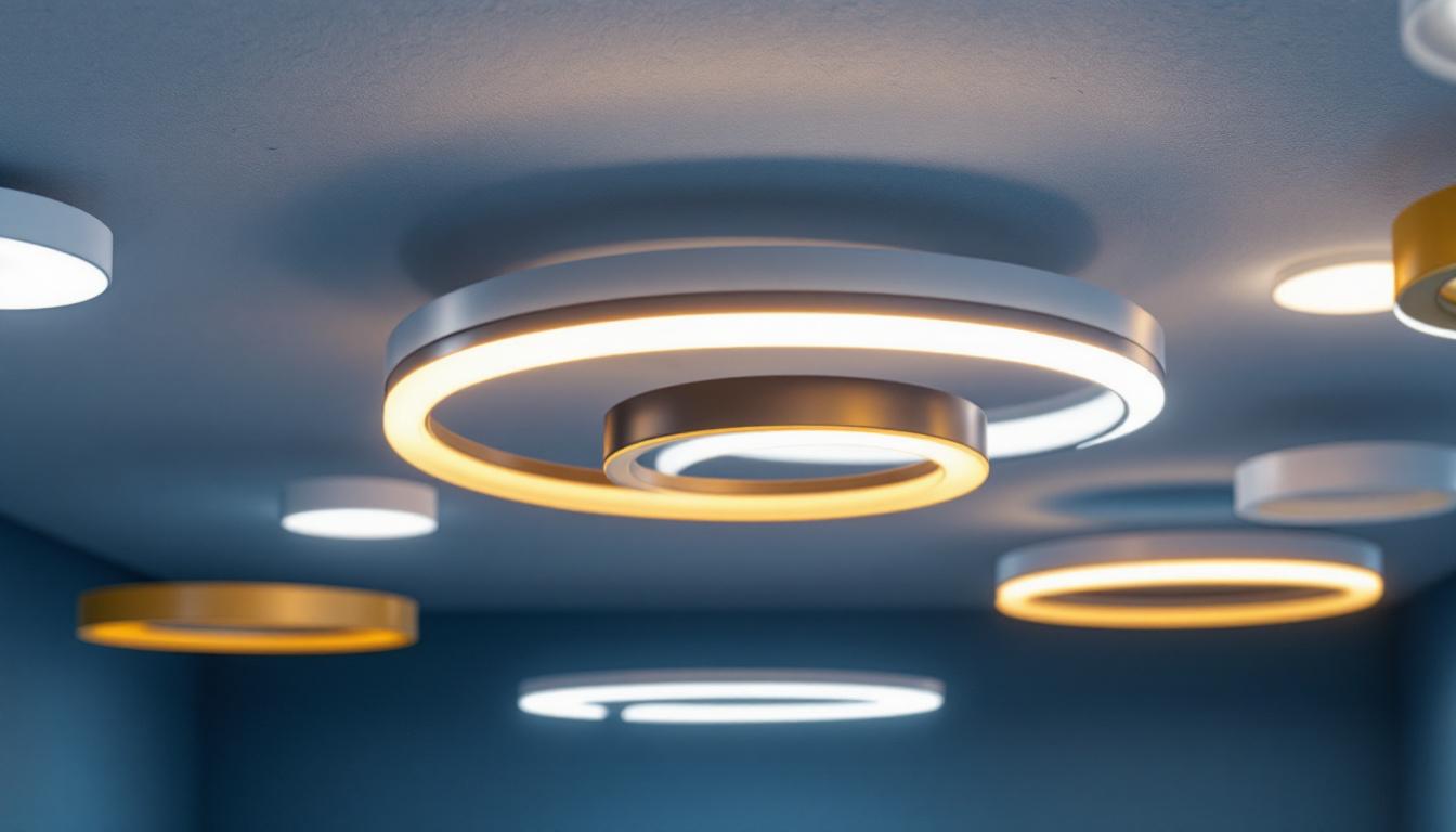 A photograph of a well-lit installation scene featuring various ceiling light trim rings in different styles and finishes