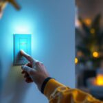 A photograph of a skilled lighting contractor installing a modern dimmable light switch in a stylish residential setting