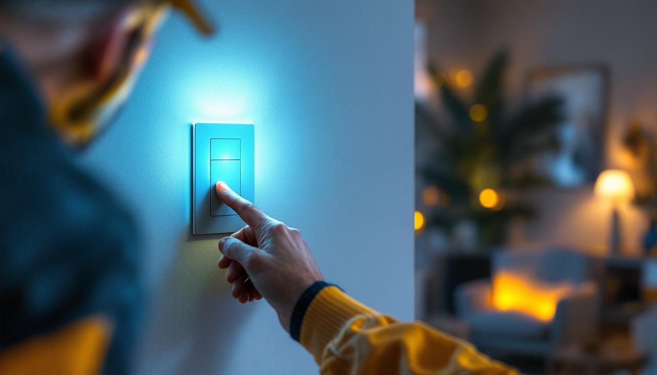 A photograph of a skilled lighting contractor installing a modern dimmable light switch in a stylish residential setting