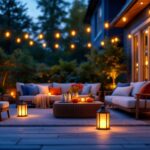 A photograph of a beautifully arranged outdoor patio scene at dusk