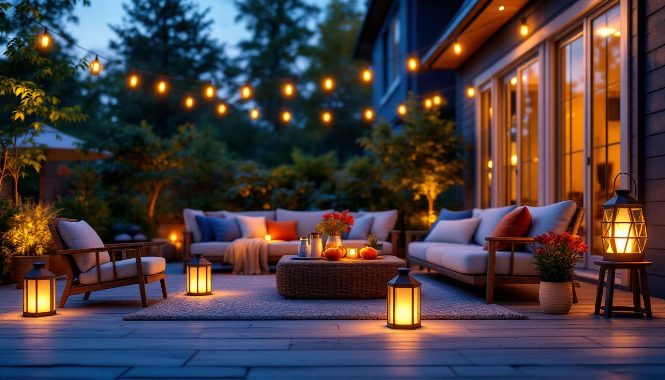 A photograph of a beautifully arranged outdoor patio scene at dusk