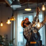 A photograph of a skilled lighting contractor expertly installing a variety of modern lighting fixtures in a well-lit