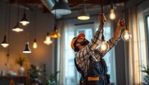 A photograph of a skilled lighting contractor expertly installing a variety of modern lighting fixtures in a well-lit