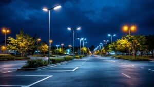 A photograph of a well-lit parking lot showcasing a variety of modern lighting solutions mounted on sleek