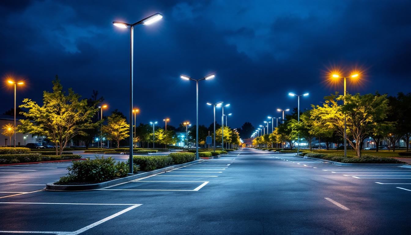 A photograph of a well-lit parking lot showcasing a variety of modern lighting solutions mounted on sleek