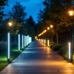 A photograph of a comparison scene featuring sleek led bollard lights illuminating a modern outdoor pathway