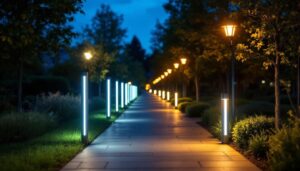 A photograph of a comparison scene featuring sleek led bollard lights illuminating a modern outdoor pathway