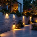 A photograph of a beautifully illuminated outdoor space showcasing solar-powered wall lights in action