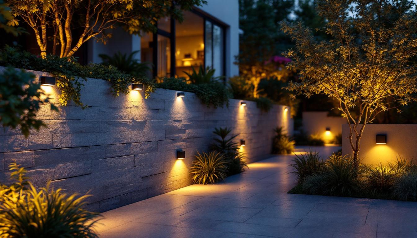 A photograph of a beautifully illuminated outdoor space showcasing solar-powered wall lights in action