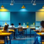 A photograph of a well-lit classroom environment showcasing various classroom lamps in use