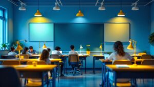 A photograph of a well-lit classroom environment showcasing various classroom lamps in use