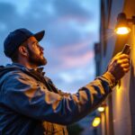 A photograph of a skilled lighting contractor installing or adjusting stylish exterior lights on a commercial building at dusk