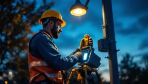 A photograph of a lighting contractor inspecting a parking light pole at dusk