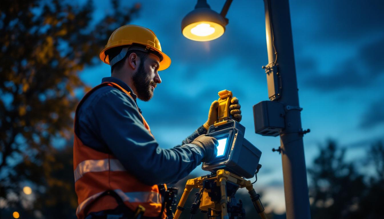 A photograph of a lighting contractor inspecting a parking light pole at dusk