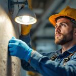 A photograph of a skilled lighting contractor expertly installing or adjusting a light fixture tombstone in a well-lit