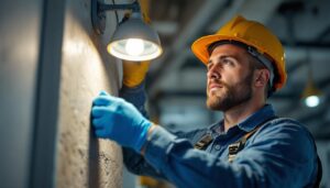 A photograph of a skilled lighting contractor expertly installing or adjusting a light fixture tombstone in a well-lit
